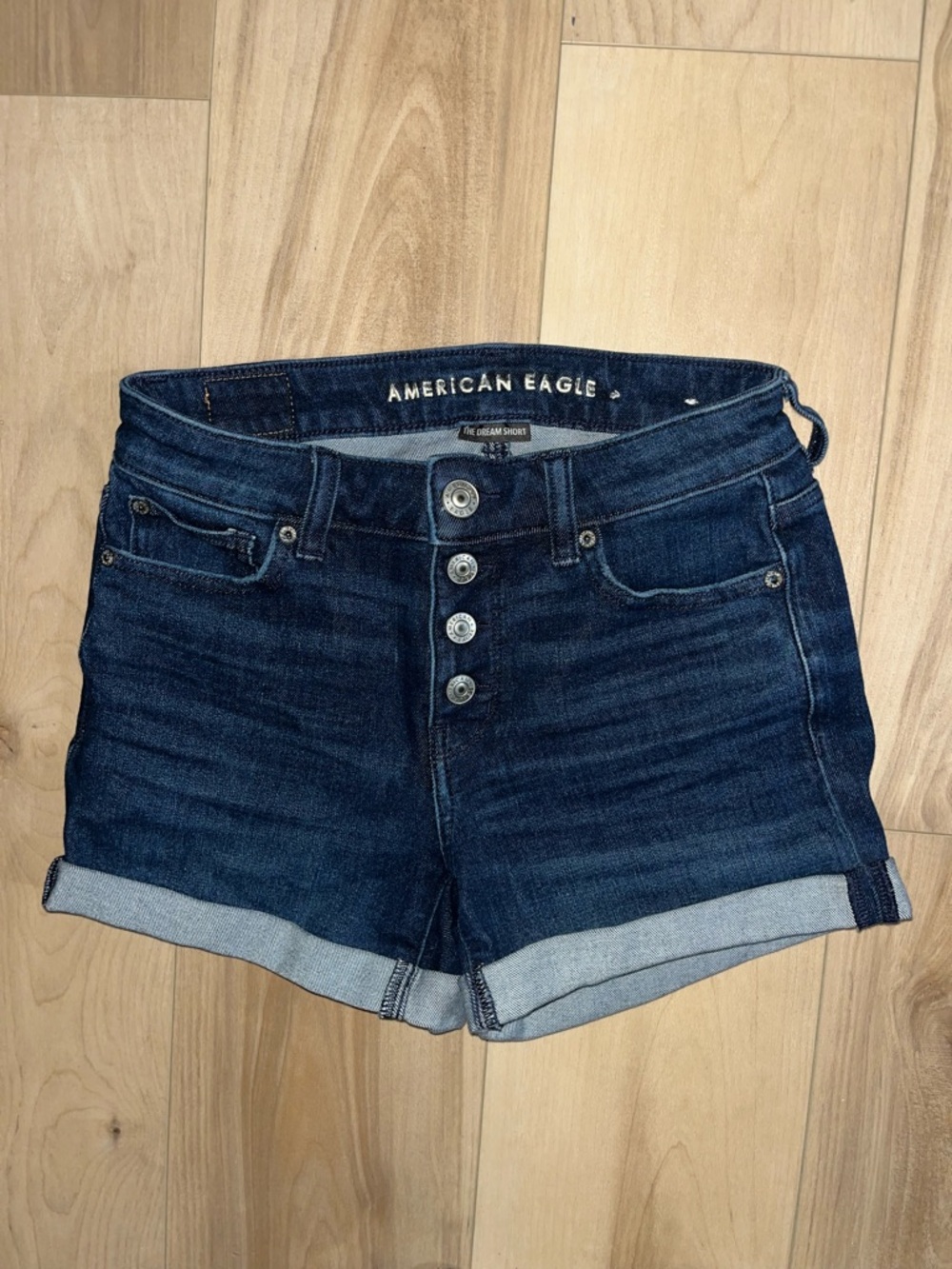American Eagle Outfitters Dark Indigo Button-Front Cuffed Denim Shorts